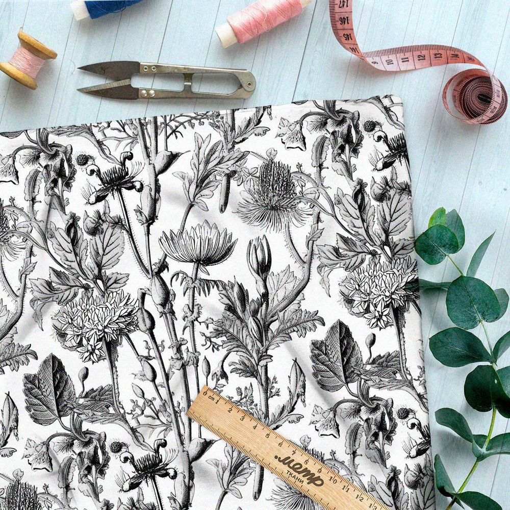 Ткань премиум таффета графическая ботаника