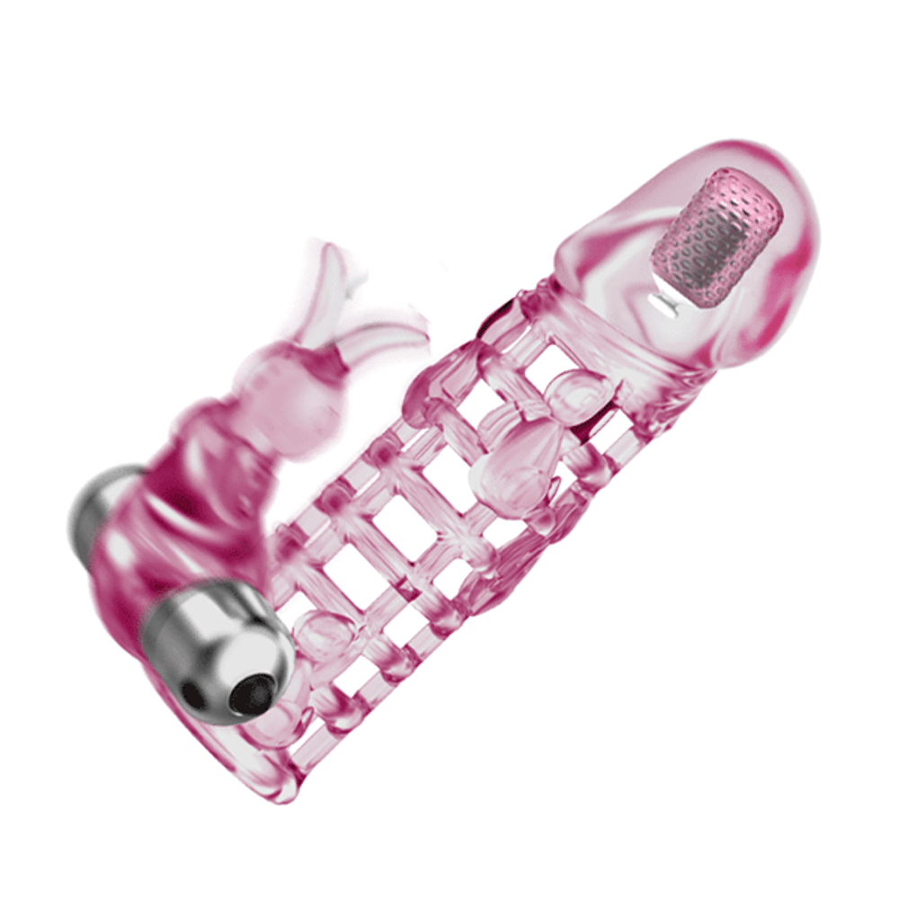 Розовая удлиняющая вибронасадка 13см с клиторальным стимулятором Baile Ultimate Love Steeve BI-026201A