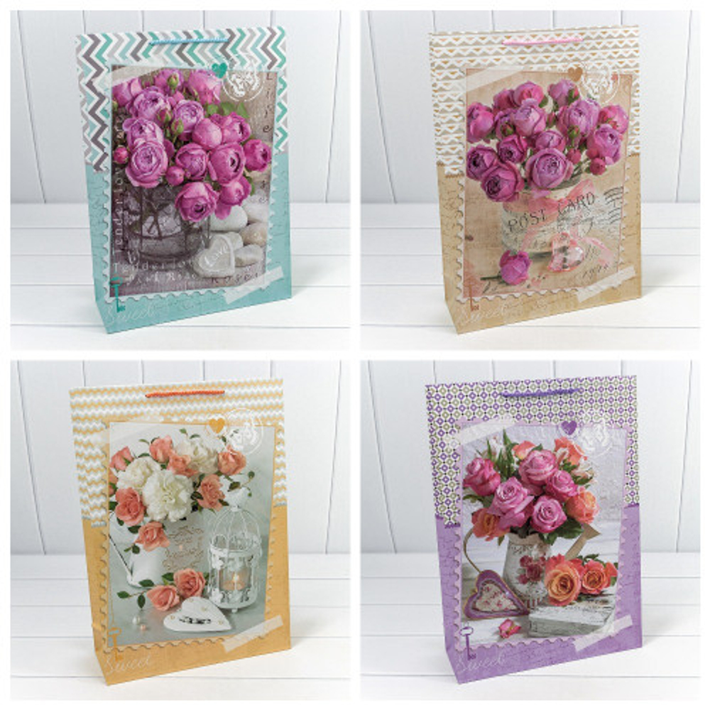 Пакет подарочный 32х45х11см "Цветы" матовый (Микс)