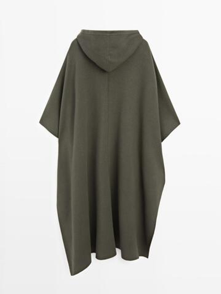 Massimo Dutti Длинная вязаная накидка с регулируемым капюшоном, серовато-зеленый