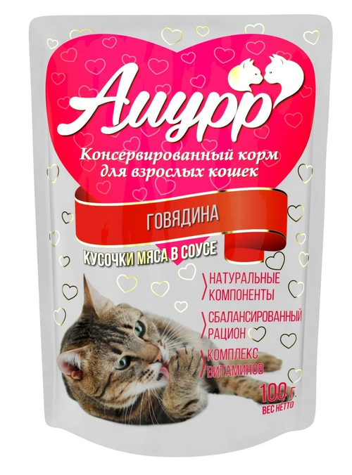Амурр Влажный корм для взрослых кошек, говядина в соусе, 100 г