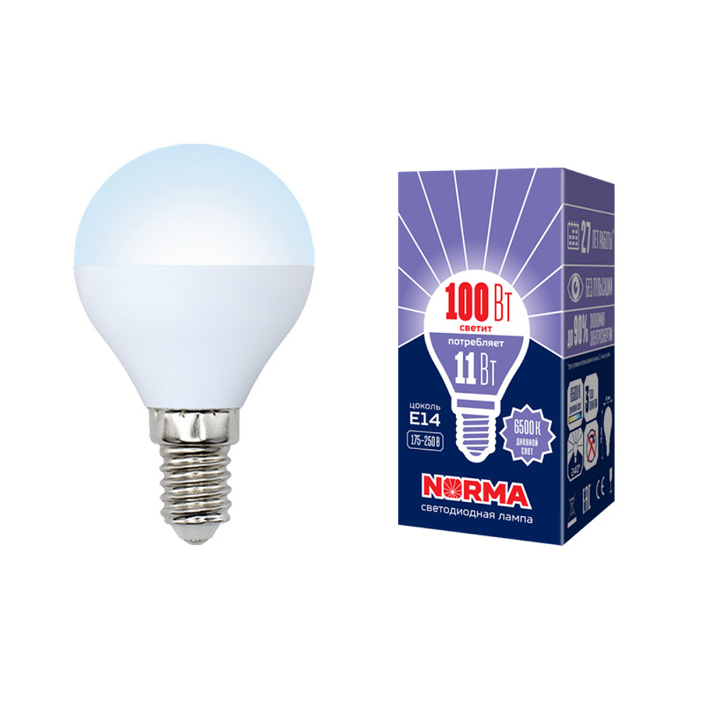 LED-G45-11W/DW/E14/FR/NR Лампа светодиодная. Форма "шар", матовая. Серия Norma. Дневной белый свет (6500K). Картон. ТМ Volpe