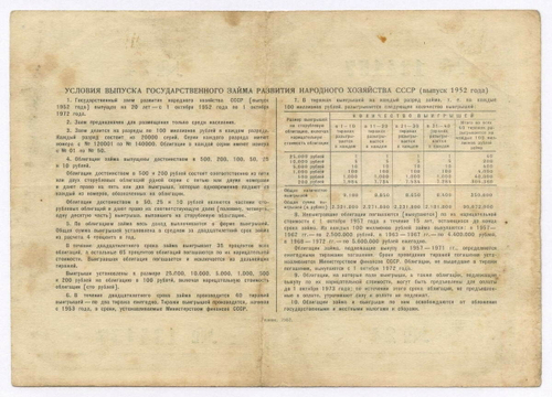 Облигация 100 рублей 1952 год. Серия № 134157. F-VF