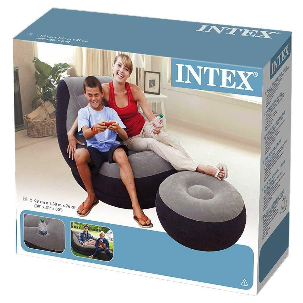 Кресло надувное Intex 68564 Ultra Lounge 137х102х79 см с пуфиком / Шезлонг надувной Интекс велюровый с подстаканником для дома и дачи