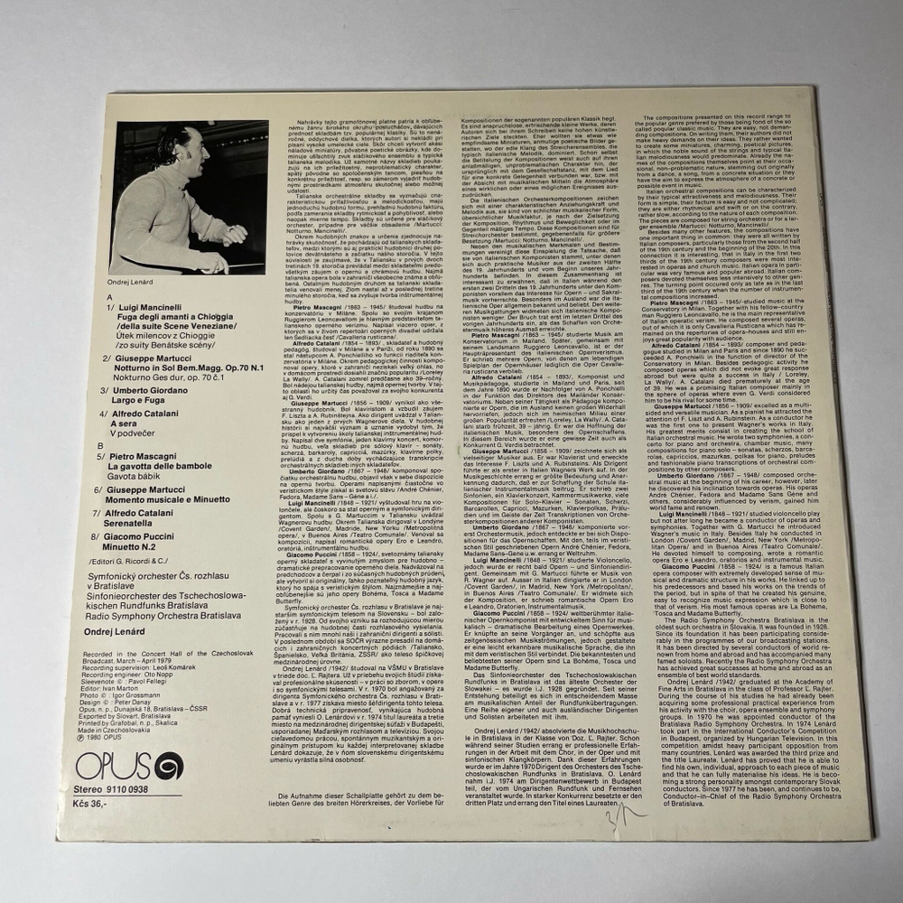 Винтажная виниловая пластинка LP Radio Symphony Orchestra Bratislava, Ondrej Lenard Italian Orchestral Masterpieces (Чехословакия 1980)