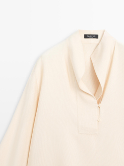 Massimo Dutti Блуза из струящейся ткани с деталью на груди, натуральный/кремовый