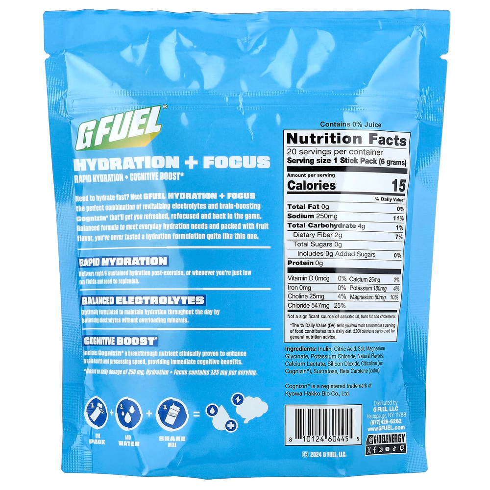 G FUEL, Hydration + Focus, смесь для приготовления электролитического напитка с Cognizin®, лимонный свет, 20 пакетиков по 6 г (0,21 унции)