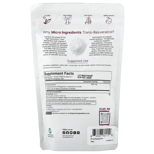Micro Ingredients, транс-ресвератрол с витамином E, 142 г (5 унций)