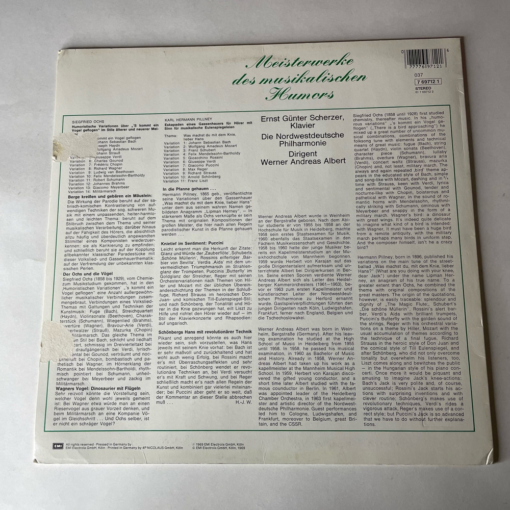 Винтажная виниловая пластинка LP Сборник Классической Музыки Werner Andreas Albert, S Kommt Ein Vogel Geflogen, Eskapaden Eines Gassenhauers (Германия 1978)