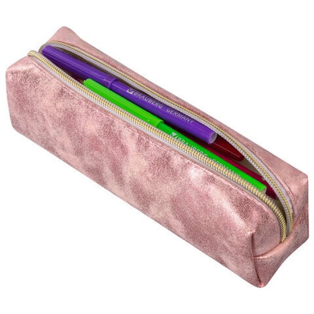 Пенал-косметичка BRAUBERG, экокожа, "Luxury", с эффектом позолоты, розовый, 21х5х6 см, 228997