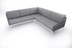 "Канны" диван модульный плетеный из роупа, каркас алюминий белый, роуп светло-серый круглый, ткань светло-серая