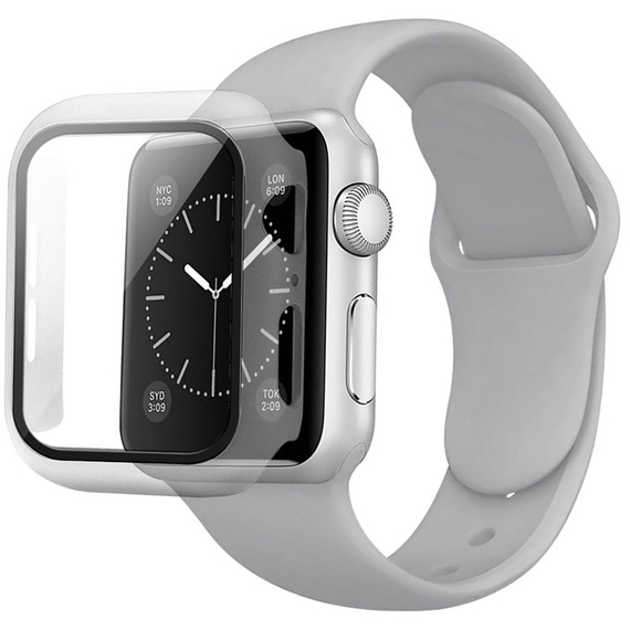 Силиконовый ремешок серый для Apple Watch 40мм с защитным чехлом бампером серого цвета