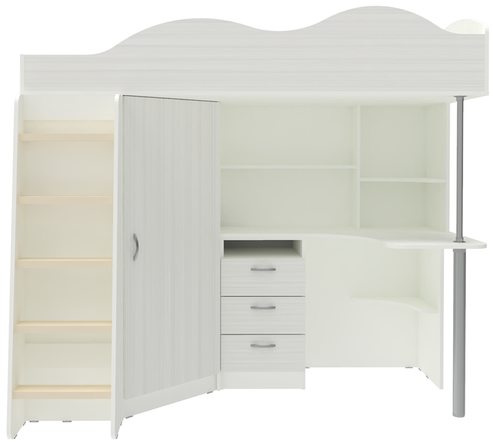 Кровать-чердак КарИВи Пионер с деревянной лестницей Белый  Белое Дерево