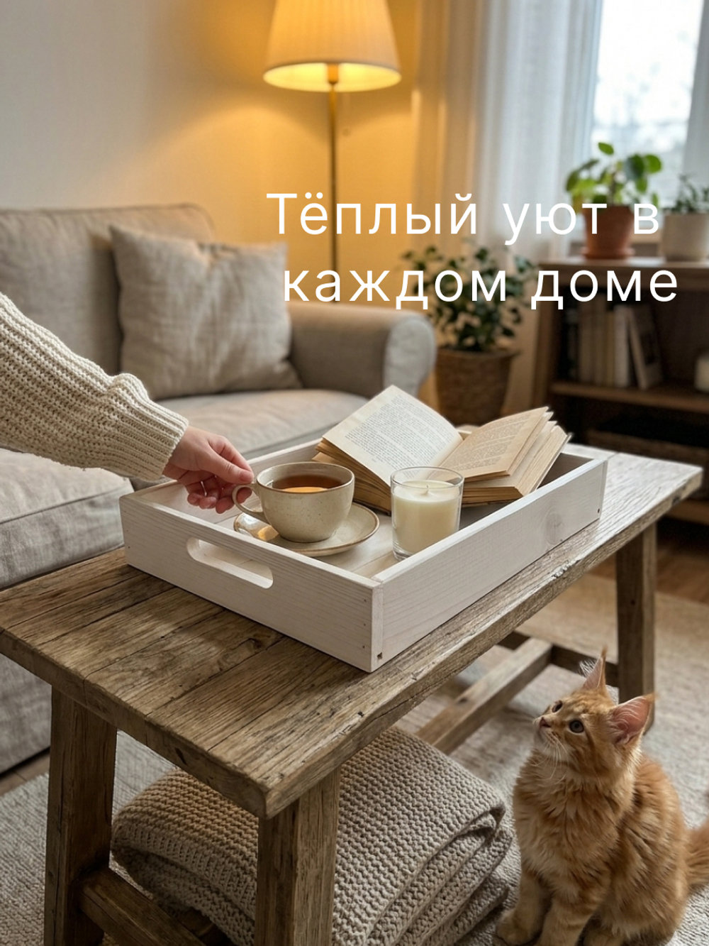 Поднос, 38х28х7, Флоутард, столик для завтрака в постель, для кухни, состаренный белый