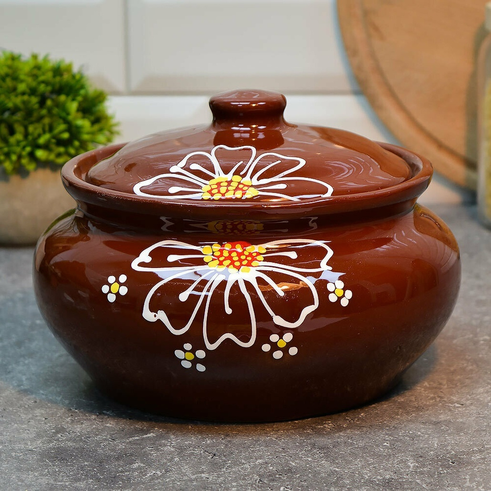 Горшок керамический для пельменей "Ромашка" коричневая