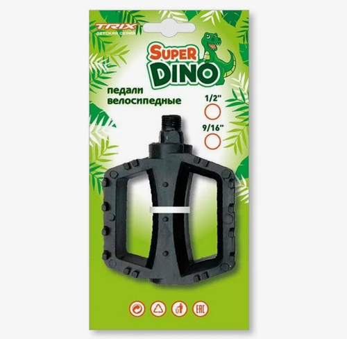 Педали детские TRIX Super Dino, пластиковые, 100x80мм, резьба 9/16", с шипами, черные (60)