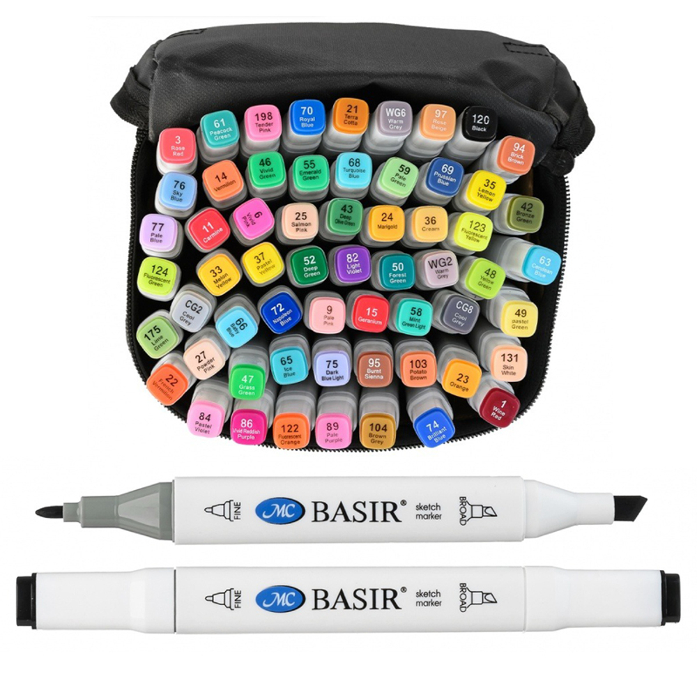 Маркер для скетчинга, двусторонние, Basir, четырёхгранные, 15 мм, спиртовые, 60 шт