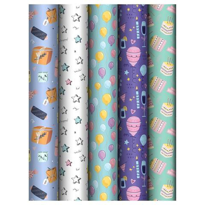 Упаковочная бумага глянц. 70*100см. "Birthday mood" 80 г/м2, ассорти, 5 диз. (MESHU)