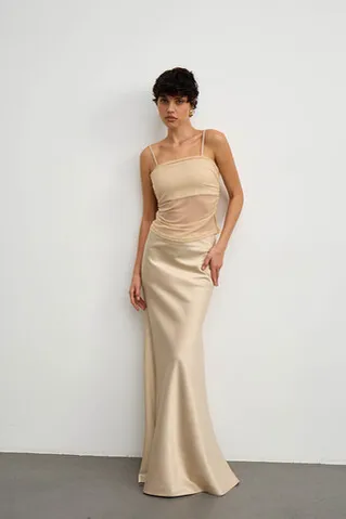 Топ из атласа с сеткой  цвета шампань