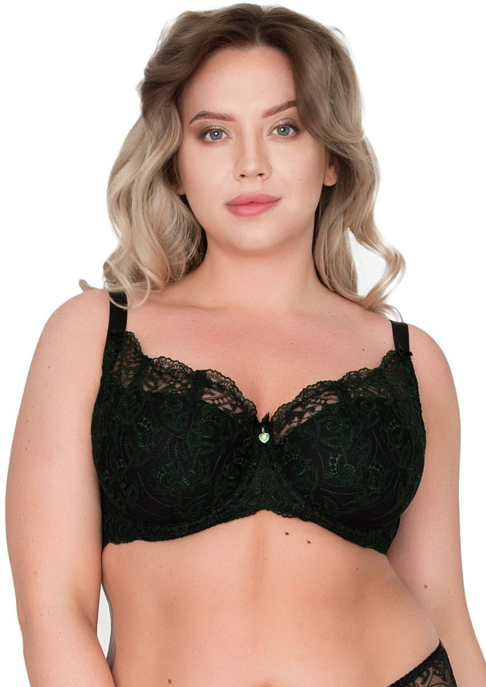 Бюстгальтер с чашкой на тонком поролоне и изысканной зелёной вышивкой (Размер: 85F) (Цвет: черный)