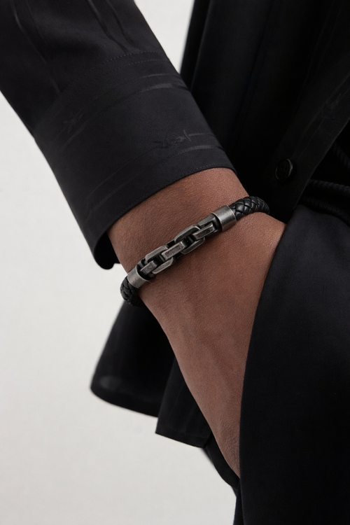 Мужской кожаный браслет со стальной цепью