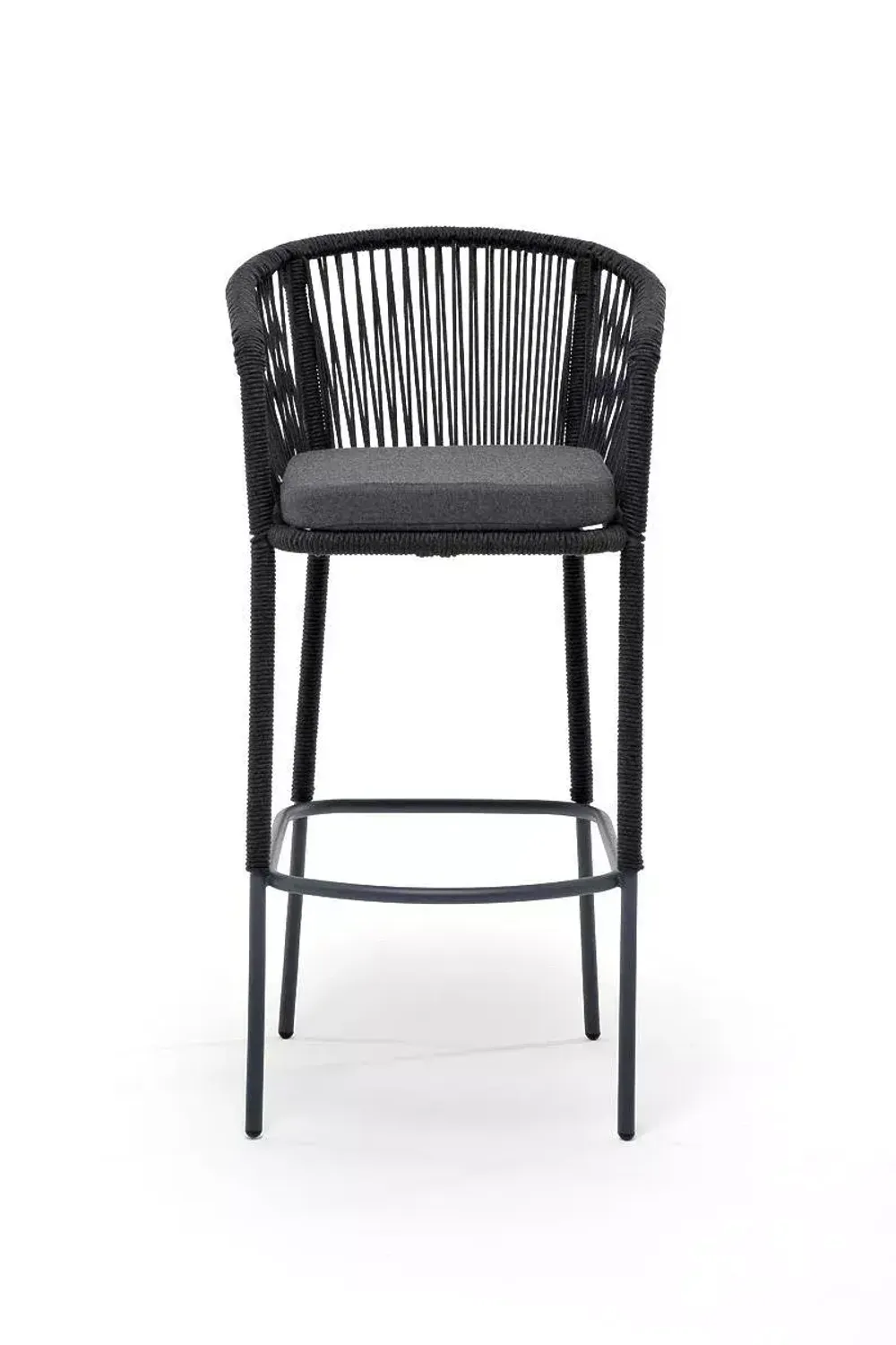 "Марсель" стул барный плетеный из роупа, каркас из стали серый (RAL7022) муар, роуп темно-серый круглый, ткань темно-серая 027