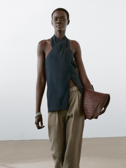 Massimo Dutti Брюки из 100% льна в полоску с пряжкой, серо-зеленый