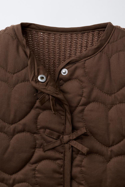 ZARA СТЕГАНАЯ КУРТКА С ТРИКОТАЖНОЙ ОТДЕЛКОЙ, ШОКОЛАДНЫЙ