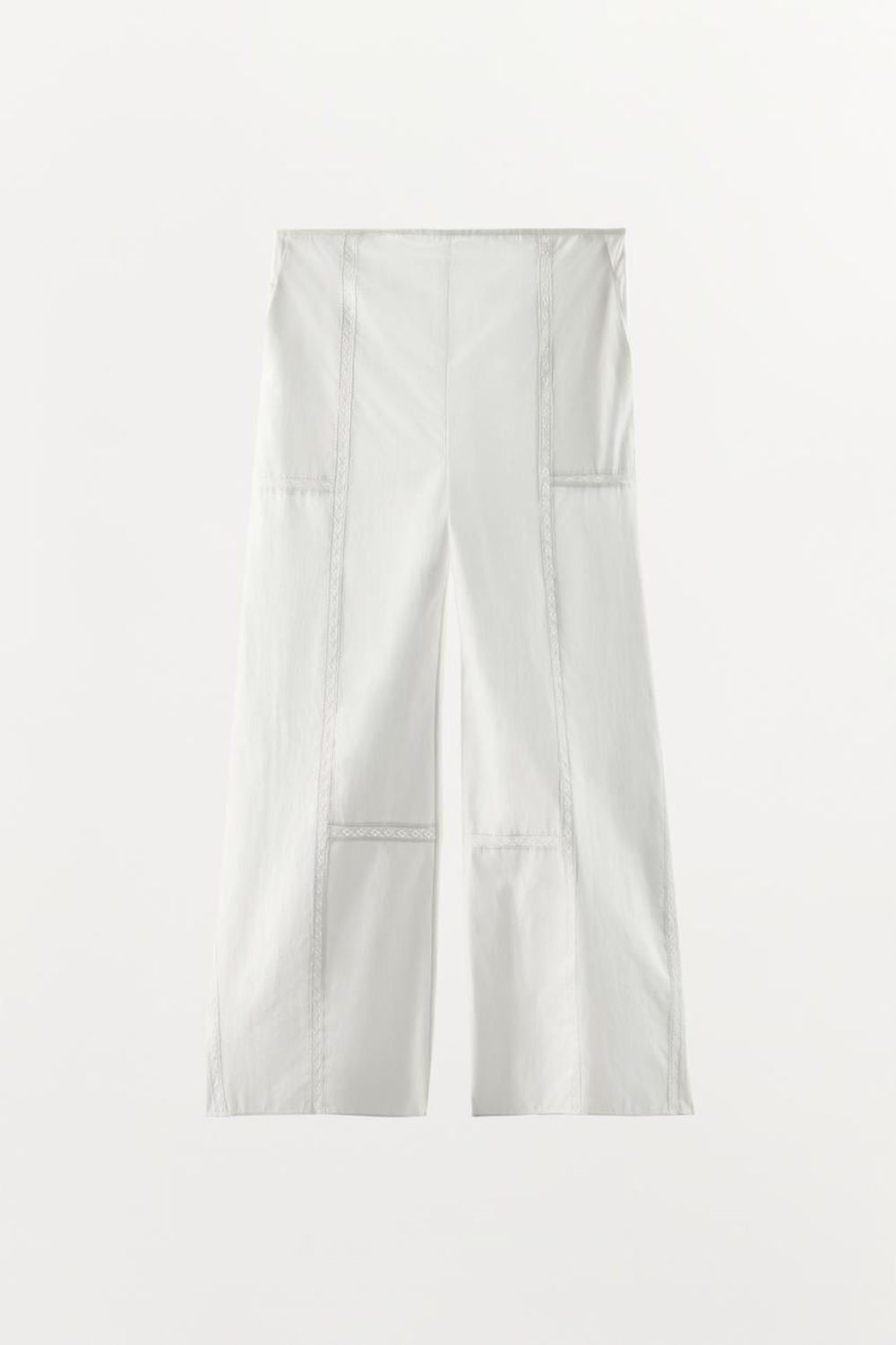 ZARA БРЮКИ ИЗ 100% ХЛОПКА С КРУЖЕВОМ, БЕЛЫЙ