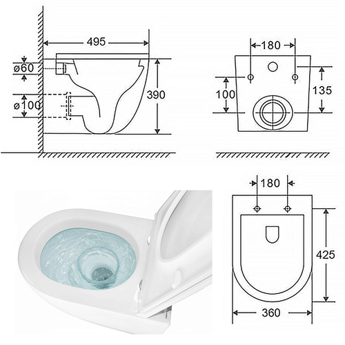 Унитаз подвесной Azario Trevi 495х360х390 безободковый, слив "Скрытое Торнадо", в комплекте с сидением микролифт, белый (AZ-0093UQ3)