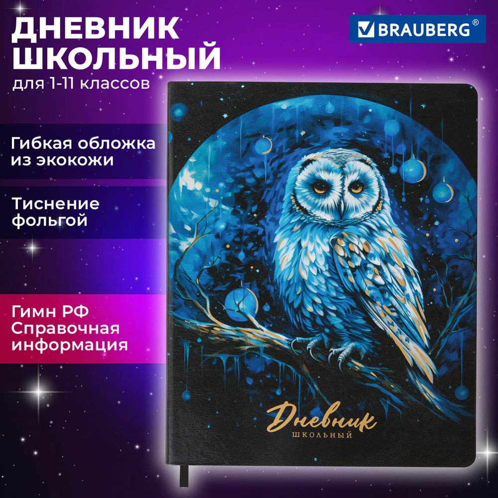 Дневник 1-11 класс 48 л. кожзам (гибкая) печать фольга BRAUBERG "Совушка" (2 штуки в упаковке)