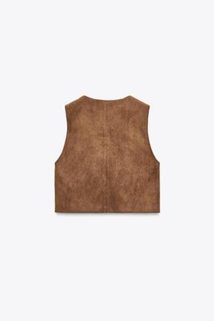 ZARA ЖИЛЕТ ИЗ ИСКУССТВЕННОЙ ЗАМШИ С ВЫШИВКОЙ И БИСЕРОМ, ТАБАЧНО-КОРИЧНЕВЫЙ