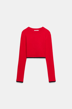 ZARA УКОРОЧЕННАЯ ФУТБОЛКА С ДВОЙНЫМ ЭФФЕКТОМ, КРАСНЫЙ