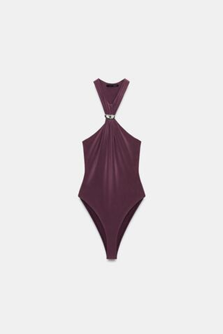 ZARA БОДИ СО СБОРКАМИ И ДЕКОРОМ, ТЕМНО-БАКЛАЖАНОВЫЙ