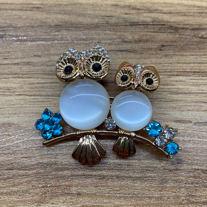 Брошь 2 совы кабошон кошачий глаз стразы серебристые голубые металл золотистый