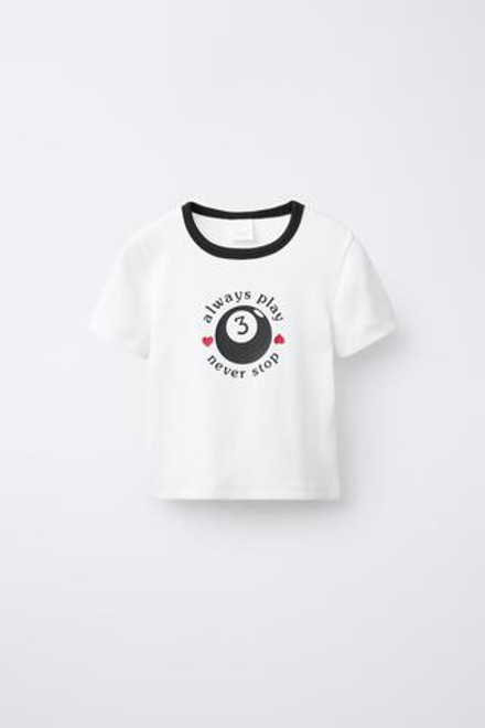 ZARA ФУТБОЛКА В РУБЧИК С КОНТРАСТНОЙ НАДПИСЬЮ, БЕЛЫЙ