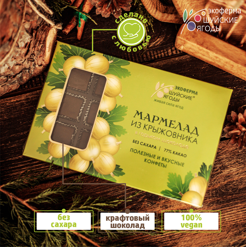 Мармелад из крыжовника в горьком шоколаде без сахара, 195 г