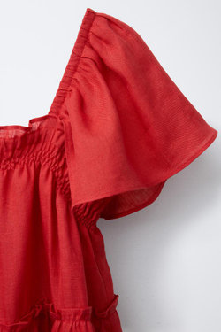 ZARA ПЛАТЬЕ ИЗ 100% ЛЬНА С ВОЛАНАМИ, КРАСНЫЙ