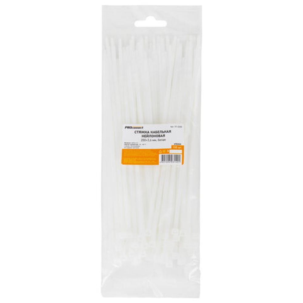 Хомуты (стяжки) нейлоновые, 3,6 мм х 200 мм, комплект 100 шт., белые, европодвес, 57-0200