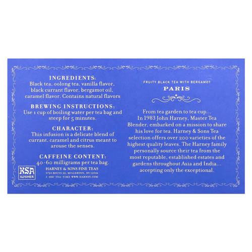Harney & Sons, Фруктовый черный чай с бергамотом, Париж, 50 чайных пакетиков, 90 г (3,17 унции)