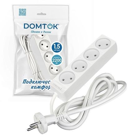 Удлинитель бытовой "DOMTOK" 4гн., ПВС 2*1, 2,2кВт, б/з 1,5м (1/45)