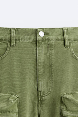 ZARA ДЖИНСЫ КАРГО С КАРМАНАМ, ЗЕЛЕНЫЙ