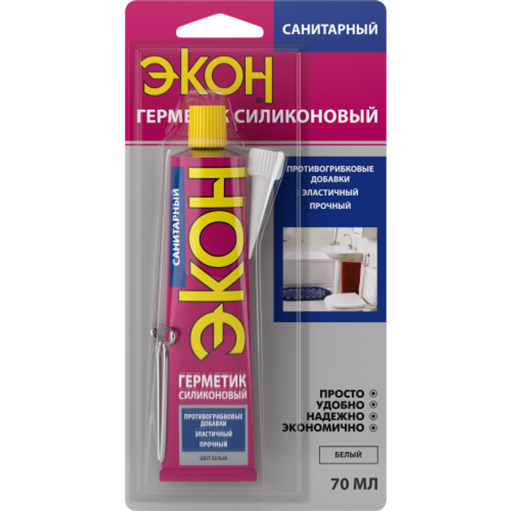 Герметик Экон 3002430 силиконовый санитарный белый 70 мл на блистере | Экон
