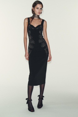 ZARA ПЛАТЬЕ МИДИ ИЗ ЭЛАСТИЧНОЙ ТКАНИ СО СТРАЗАМИ, ЧЕРНЫЙ