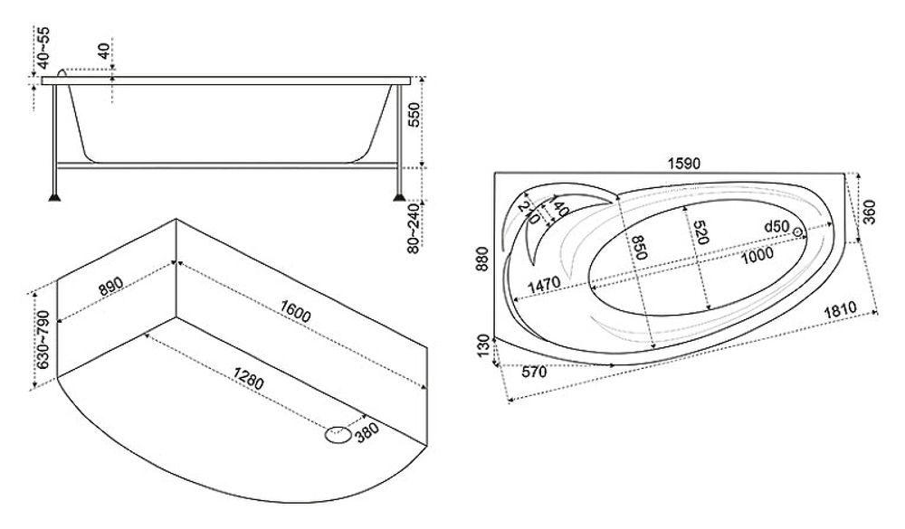 Акриловая ванна Bas (Бас) Флорида 160х88 L, с каркасом