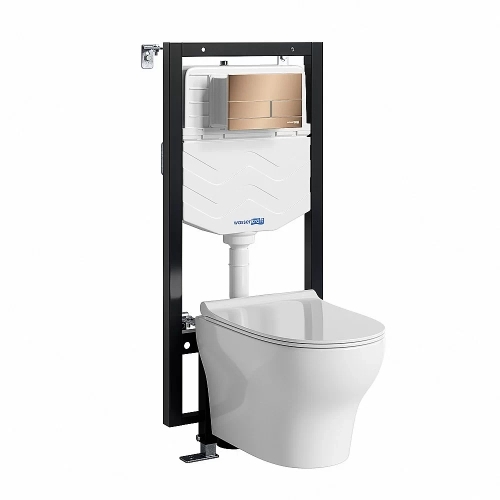 Унитаз подвесной WasserKRAFT Berkel 56TLT.010.ME.RG04.H001 безободковый, с инсталляцией Vils 56, с крышкой микролифт, белый/кнопка розовое золото