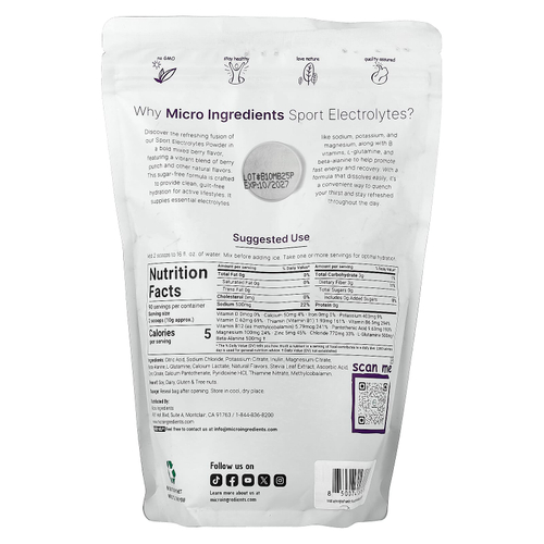 Micro Ingredients, электролиты в порошке, со вкусом ягодного пунша, 907 г (2 фунта)