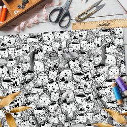 Ткань кулирная гладь чёрно-белые котики в виде посуды