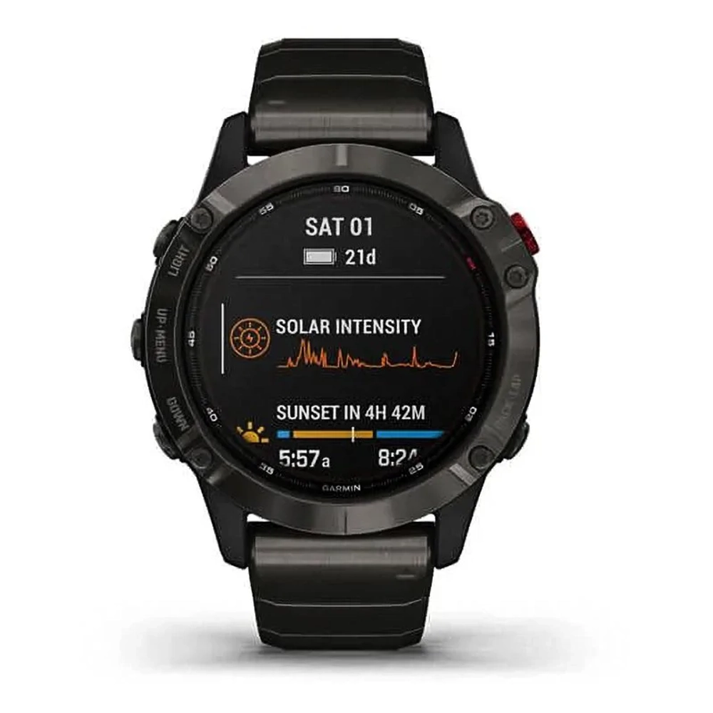 Спортивные наручные часы Garmin Fenix 6 Pro Solar титановый DLC карбон с DLC титановым ремешком 010-02410-23