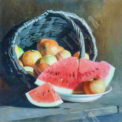 Клим Бугрин. Яблоки и арбуз. Холст, масло. 2018.